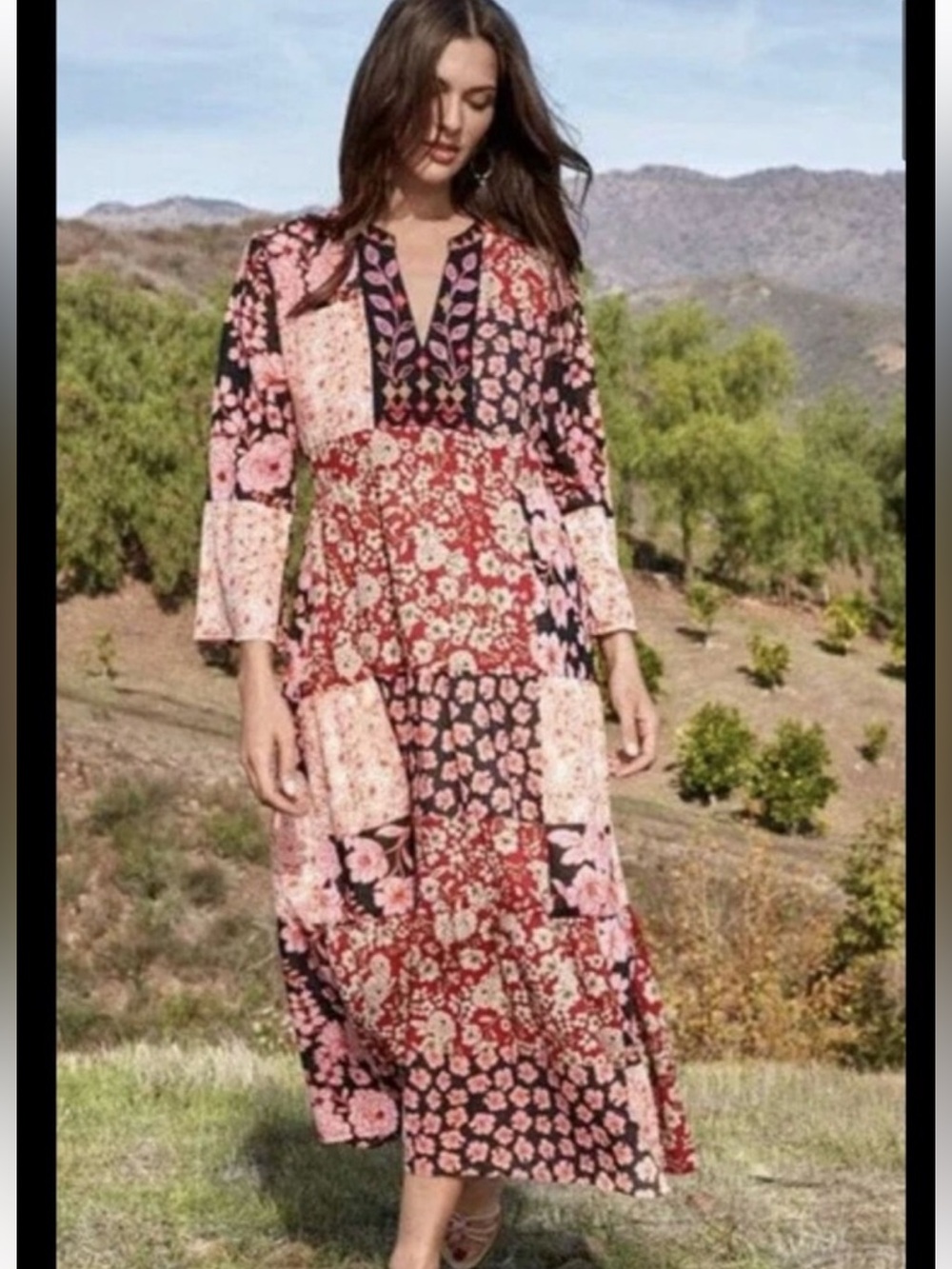 Johnny Was Patchwork Floral Maxi Dress in Pink & Black & Burgundy